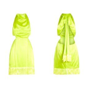 Satin Fringe Cutout XS Elliatt Citrus Leoni  Halter Mini Dress In Lime Green